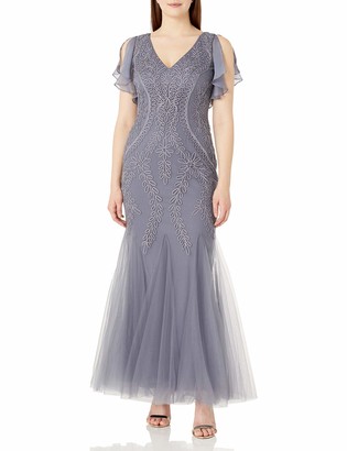 Cachet Women's V Neck Embroidered Mesh Gown