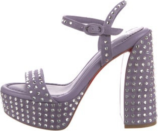 Christian Louboutin Suede Slingback Sandals Purple Animal Print Crystal Embellishments Platform Buckle Closure at Ankles Designer