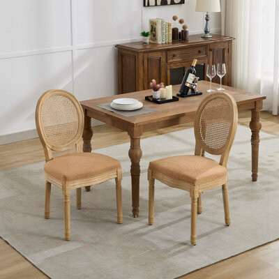 Ophelia & Co. French Style Solid Wood Frame Antique Painting Linen Fabric Rattan Back Dining Chair Perfect for Elegant and Comfortable Seating