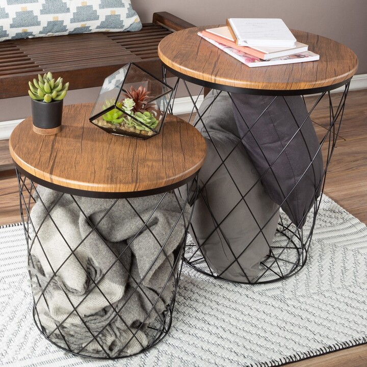 Lavish Home End Storage – Nesting Wire Basket Base and Wood Tops –  Industrial Farmhouse Style Side Table Set of 2 - ShopStyle