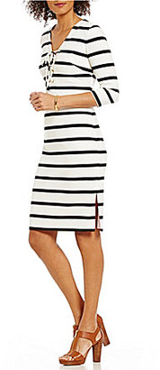 Eliza J Lace-Up Neck 3/4 Sleeve Striped Midi Sheath Dress