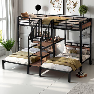 Mason & Marbles Triple Twin Metal Bunk Bed With Storage Stairs & Shelves – Space-saving 3-tier Bunk Bed With Study Desk, Black