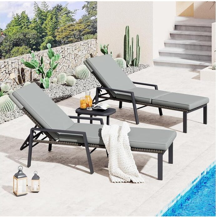 Aecojoy Chaise Lounge Chairs for Outside Set of 2, Adjustable Wicker Pe Rattan Patio Pool Recliner Chair with Removable Cushion