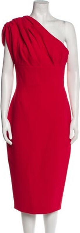 Rachel Gilbert Sheath Dress Red Pleated Accents Short Sleeve with One-Shoulder Concealed Zip Closure at Back