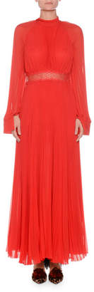 Giambattista Valli High-Neck Long-Sleeve Pleated Silk Gown w/ Lace Waist