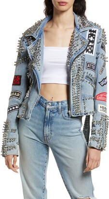 AZALEA WANG Spike Patch Embellished Belted Denim Moto Jacket