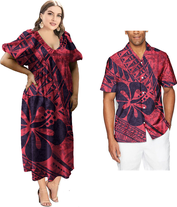 Trendy Women Maxi Hawaiian Dress Match Short Sleeve Shirt Evening Dresses Party Polynesian Vintage Tribal Print Couple 2pcs Set