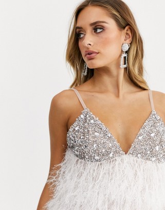 Starlet strappy embellished bustier faux feather babydoll dress in silver and white