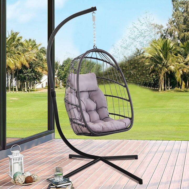 Global Pronex Outdoor Hanging Egg Swing Chair with Cushion and Stand Patio Indoor Hanging Egg