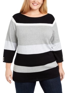 Karen Scott Plus Size Striped Ballet Neck Cotton Sweater, Created for Macy's