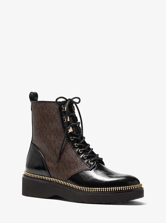 michael kors haskell crinkled leather and logo combat boot