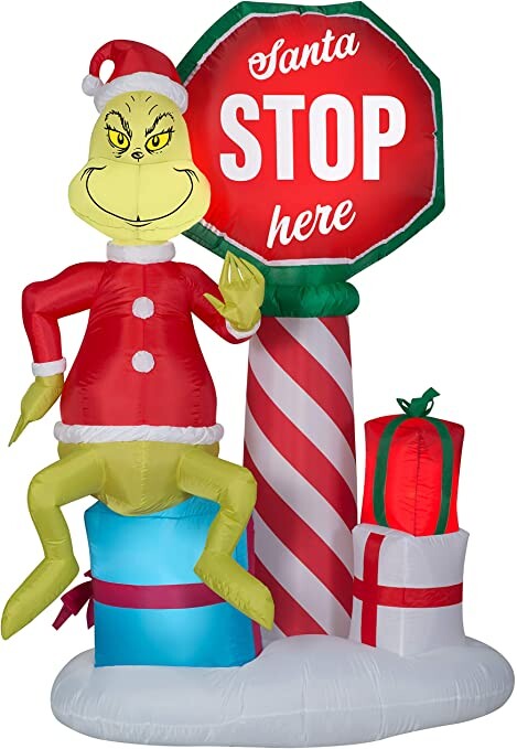 Gemmy 6' Airblown Inflatable Grinch w/Santa Stop Here Sign w/LEDs Scene