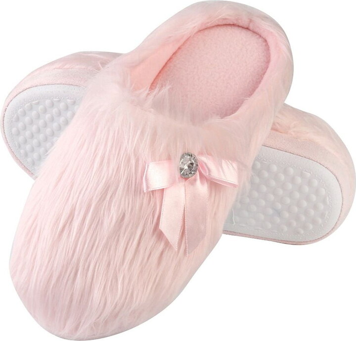 Warm Cozy Memory Foam Slippers Slip On House Slipper Shoes for Women with Pink Fringe