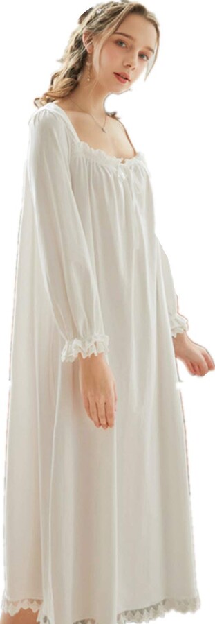 Women's Vintage Victorian Nightgowns Long Sleeve Sleepwear Pajamas for Women Plus Size Princess Sexy Nightwear Lounge Dress (White ShopStyle