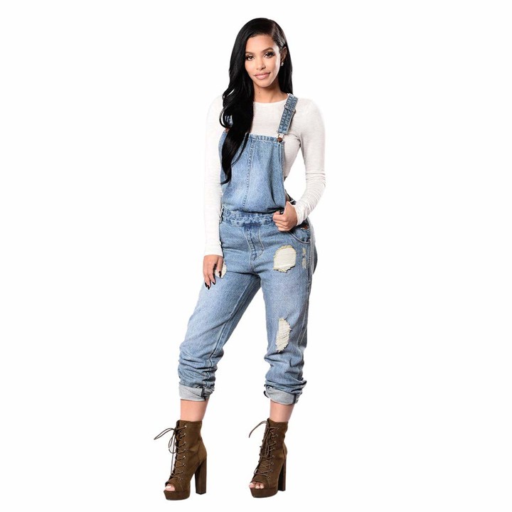 Ladies Loose Denim Dungarees Blue Jeans Pants Girls Retro Loose Casual Jeans Sleeveless Playsuit Hole Overalls Straps Jumpsuit for Women Going Out Party Rompers Trousers