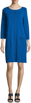 Joan Vass 3/4-Sleeve Embellished Shift Dress, Plus Size