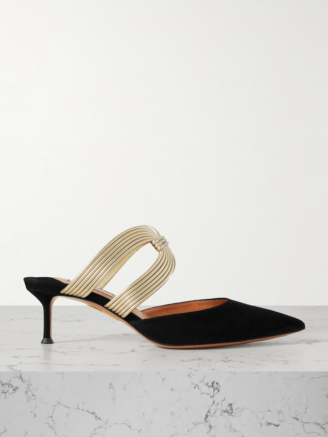 Aquazzura - Escenia 50 Two-tone Metallic And Suede Mules - Black