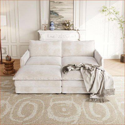 Sofas Couches 2-Seater Deep Seat Corduroy Sofa with 2 Movable Footrests for Living Room | Mid-Century Modern | Light Gray