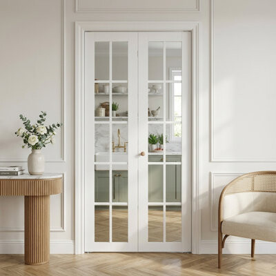 SMARTSTANDARD Clear Glass And Solid Manufactured Wood Pre-drilled Bi-fold Door With Installation Hardware Kit