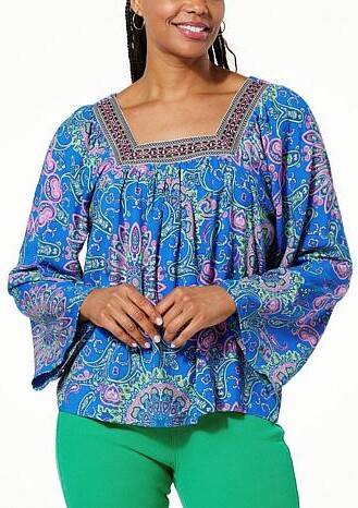 One World Square Neck Medallion Printed Top - Blue - Size 1X