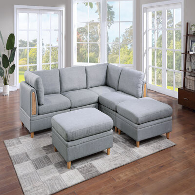 Contemporary Living Room Furniture 6pc Modular Sectional Set Steel Dorris Fabric Couch 2x Wedges 2x Armless Chair And 2x Ottomans