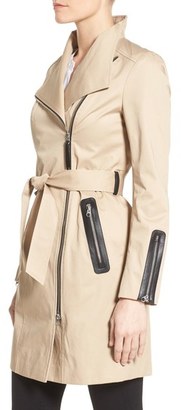 Mackage Leather Trim Asymmetrical Zip Long Trench Coat