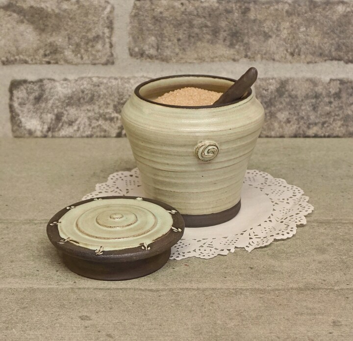 Hand Thrown Pottery Sugar Bowl Cream Ceramic Lidded Container With Spoon