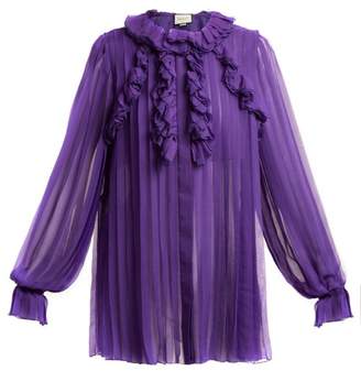 Gucci Pleated Ruffle Trimmed Silk Chiffon Blouse - Womens - Purple