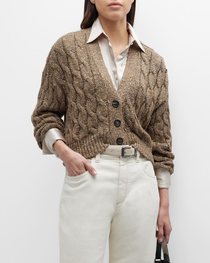 Brunello Cucinelli Silk Linen Paillette Cable-Knit Crop Cardigan - Main Image