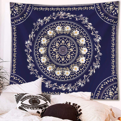 PET SUPPLY PLUS INC Bohemian Tapestry Wall Hanging, Mandala Floral Medallion Hippie Tapestry With White Aesthetic Wreath Design, Navy Wall Decor Blanket For Bedroom Home