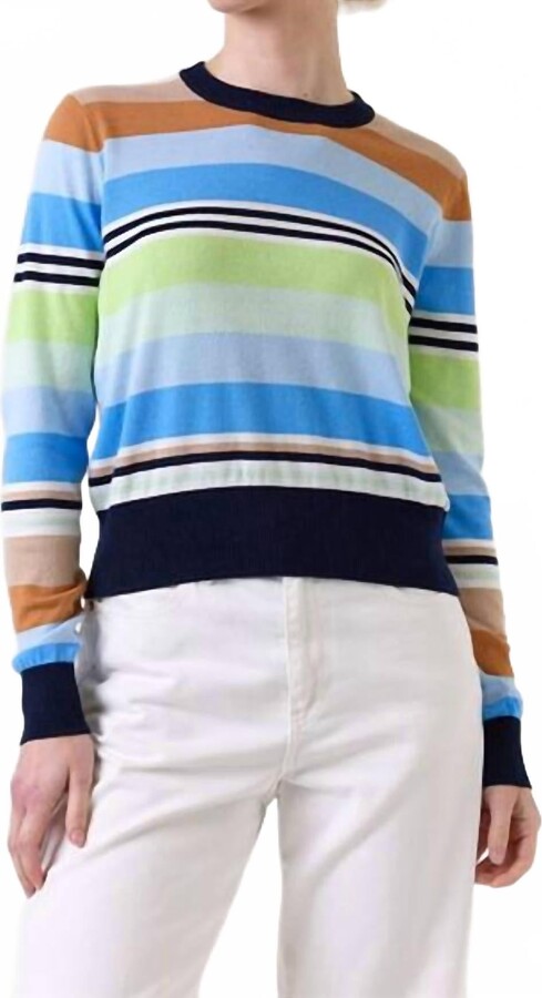 Brodie Cashmere Ivy Stripe Crew Neck Sweater In Navy With Neutrals & Blues