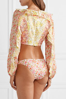 Thumbnail for your product : Zimmermann Goldie Cropped Ruffled Floral-print Linen Top - Pink
