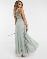 Thumbnail for your product : ASOS Petite ASOS DESIGN Petite Bridesmaid ruched bodice drape maxi dress with wrap waist in olive