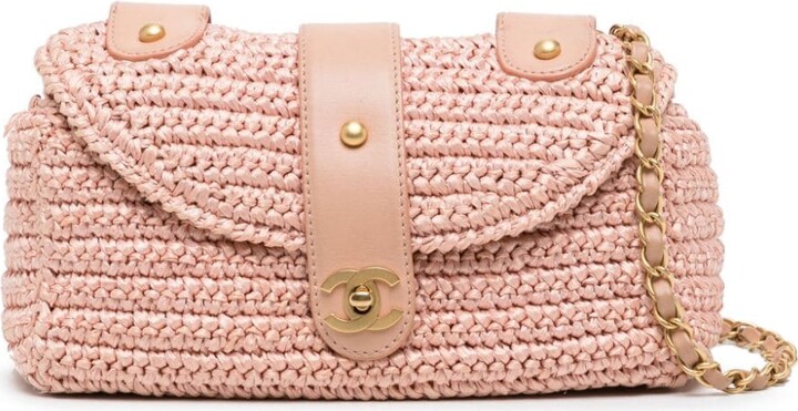 Chanel Woven Raffia Pink White Small CC Shoulder Flap Bag