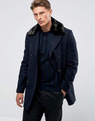 French Connection Double Breasted Wool Coat with Faux Fur Collar