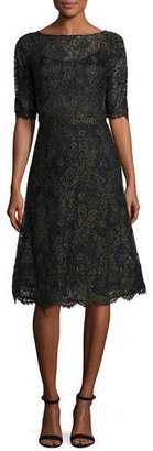 Rickie Freeman For Teri Jon Scalloped Floral Lace Cocktail Dress, Black/Gold
