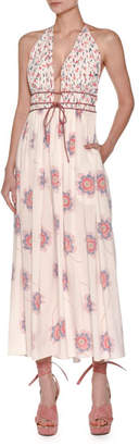 Agnona Floral-Print Tie-Waist Halter Dress, Ivory
