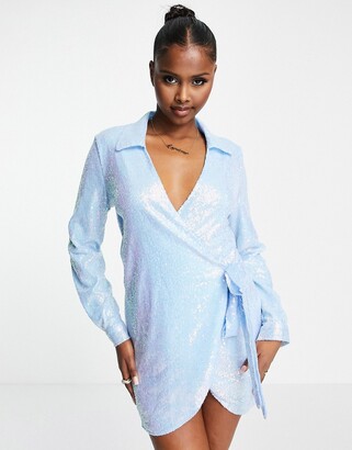 Missy Empire Missyempire summer sequin wrap shirt dress in blue - ShopStyle