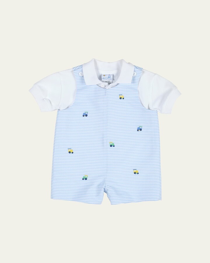 Florence Eiseman Boy's Striped Embroidered Trains Shortall W/ Polo Shirt, Size 3M-18M