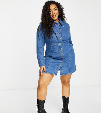 ASOS DESIGN Curve denim fitted shirt dress in mid-wash - ShopStyle