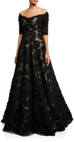 Thumbnail for your product : Rickie Freeman For Teri Jon Premier Off-the-Shoulder Elbow-Sleeve Metallic Textured A-Line Gown