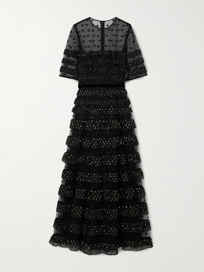 Costarellos Ruffled Fil Coupé Tulle And Chiffon Midi Dress - Black