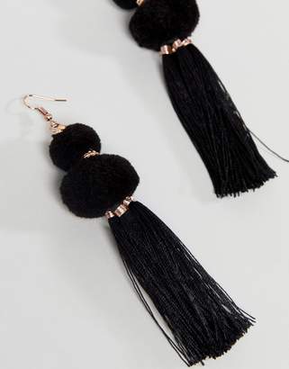 Glamorous Black Pom & Tassel Statement Earrings