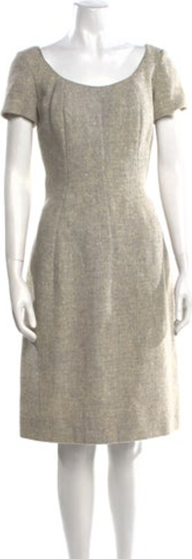 Saks Fifth Avenue Wool Sheath Dress Neutrals Short Sleeve with Scoop Neck Concealed Zip Closure at Side