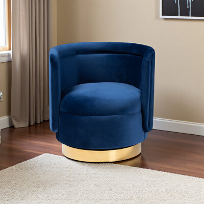 Everly Quinn Swivel Accent Chair with Royal Blue Velvet Fabric Upholstery and Gold Finishing