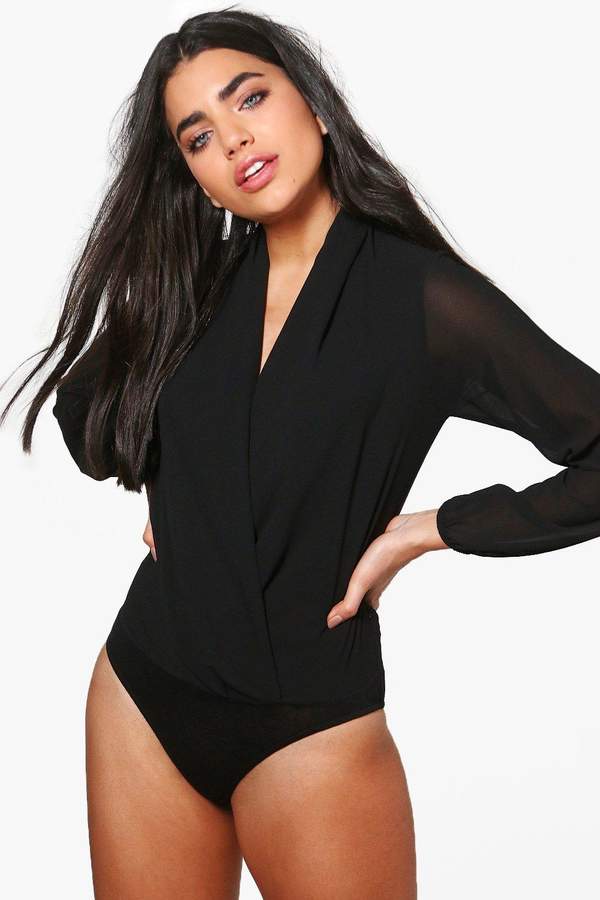 boohoo Drape Chiffon Long Sleeve Bodysuit