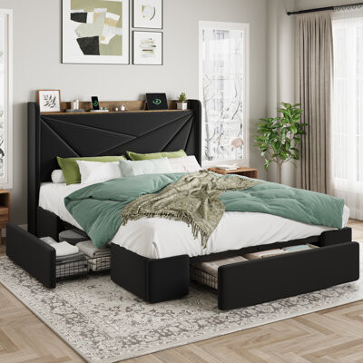 Mercer41 Modern Upholstered Bed With Charging Station & Storage Drawers, Velvet Wingback Headboard,Queen/Full/King Size