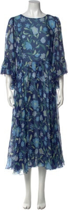 Luisa Beccaria Silk Tent Dress Blue Floral Print Three-Quarter Sleeve with Crew Neck Concealed Zip Closure at Back