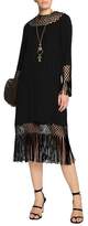 Thumbnail for your product : Valentino Fringe-Trimmed Open Knit-Paneled Silk Midi Dress