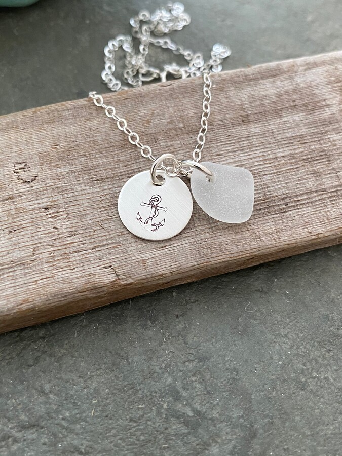 Etsy Sterling Silver Anchor Necklace With Sea Glass, Hope, Hand Stamped Disc, Rope, Satin Finish, Simple Beach